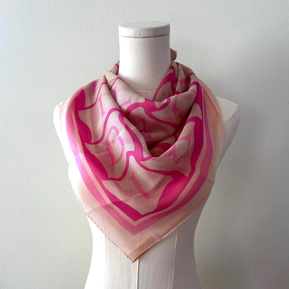 Vintage Bvlgari Pink and Cream Logo Sheer Silk Scarf Made in Italy 80s 90s